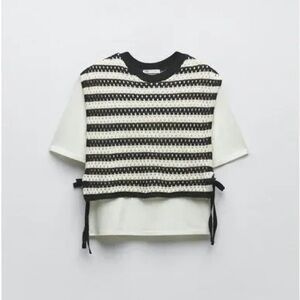 Zara Black and White Striped Combination Tricot Crochet Knit Vest Double Top